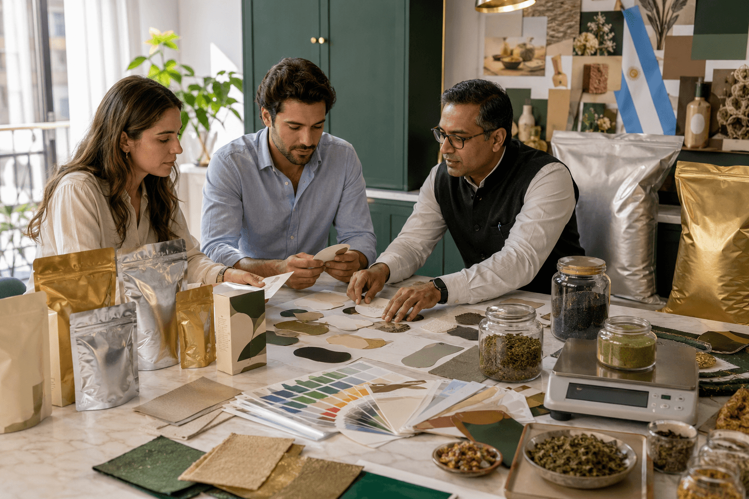 Argentina buyers reviewing private-label henna and botanical product packaging