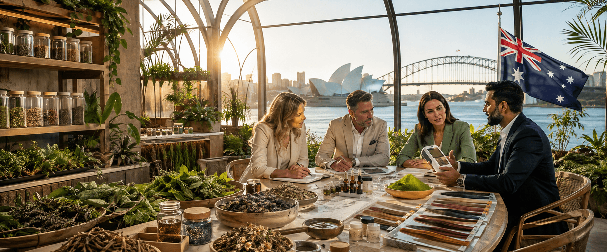 Australian natural-product buyers and Indian botanical exporter reviewing products in a Sydney harbour conservatory