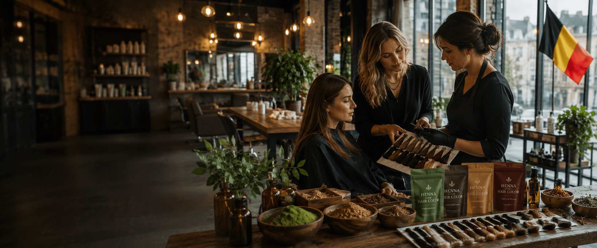 Belgian salon and hair-colour professionals discussing natural henna hair colours supplied from India