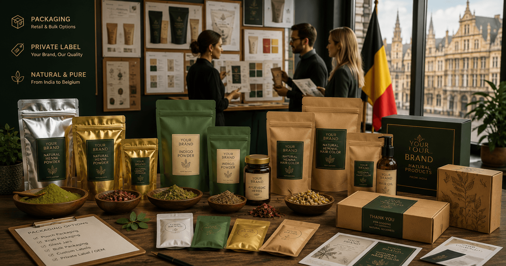 Belgium private-label packaging development for henna, indigo, herbs and natural hair-colour products