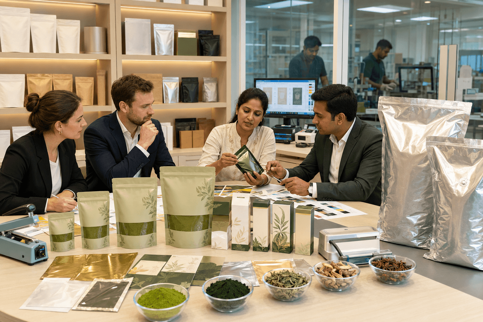 European buyers reviewing retail, bulk and private-label packaging options with an Indian export packaging team