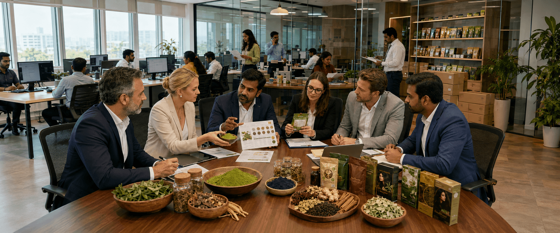 European buyers discussing henna, indigo, herbs and spices with the Shivesh International export team in India