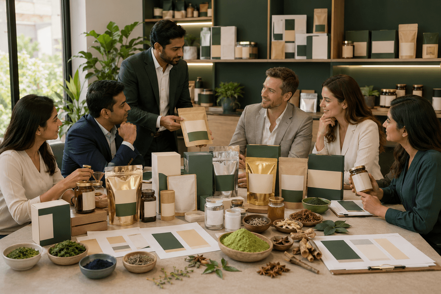 International buyers reviewing private-label natural product packaging options