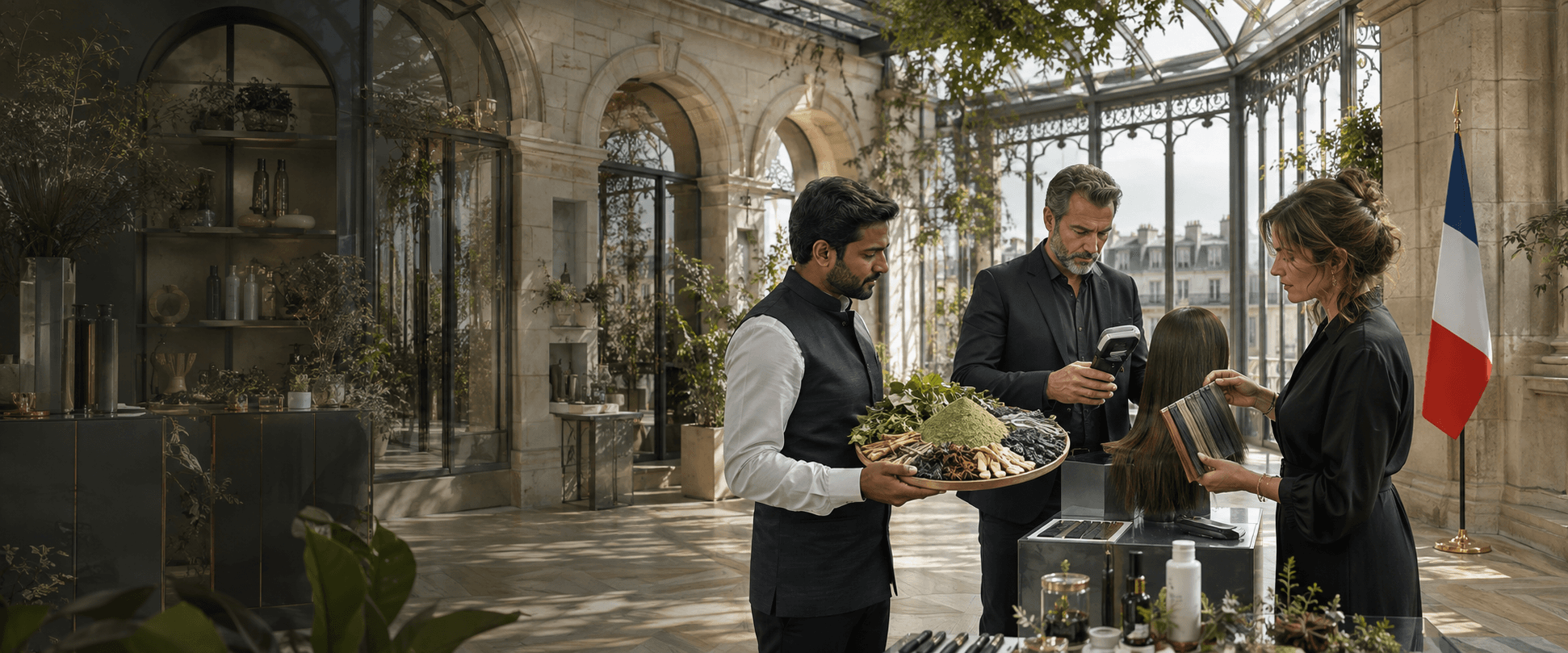 French natural-cosmetics buyers and Indian botanical exporter developing products in a Paris atelier