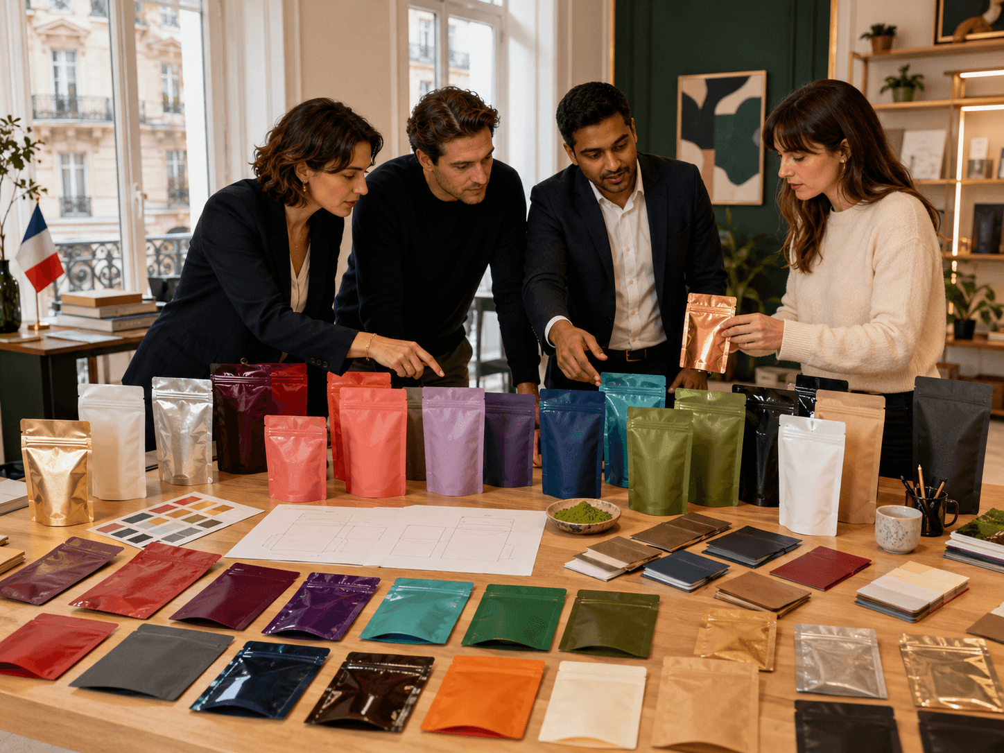 French buyers and Indian exporter discussing multiple private-label pouch colours and packaging finishes