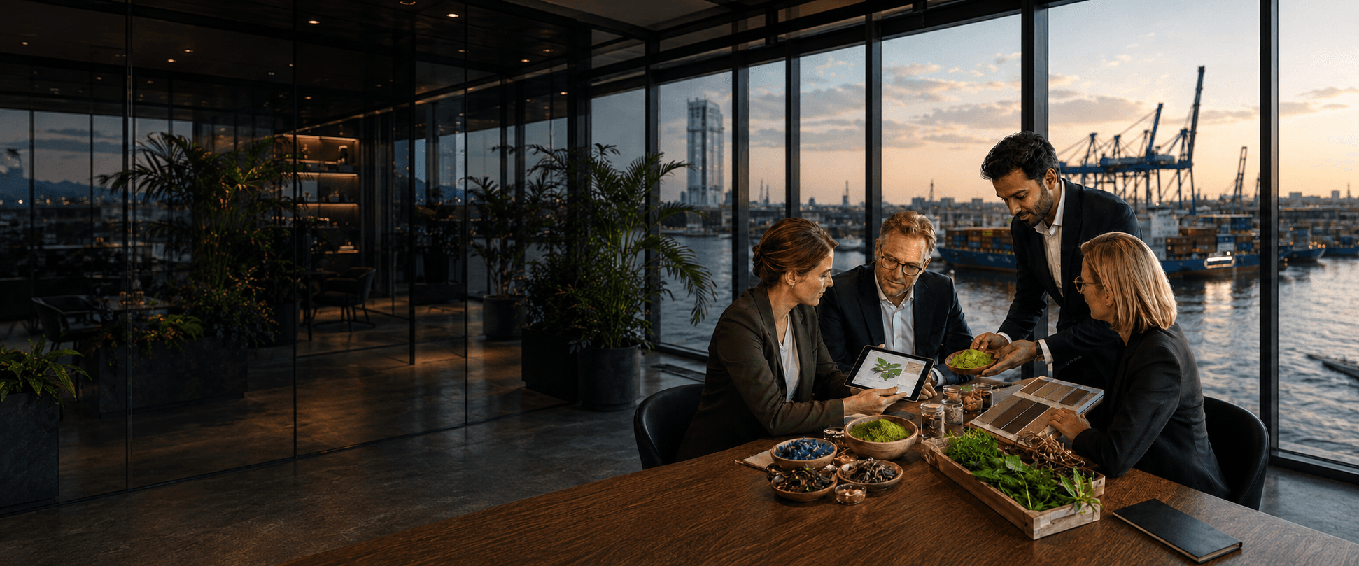German buyers and Indian exporter coordinating natural-product supply overlooking Hamburg port