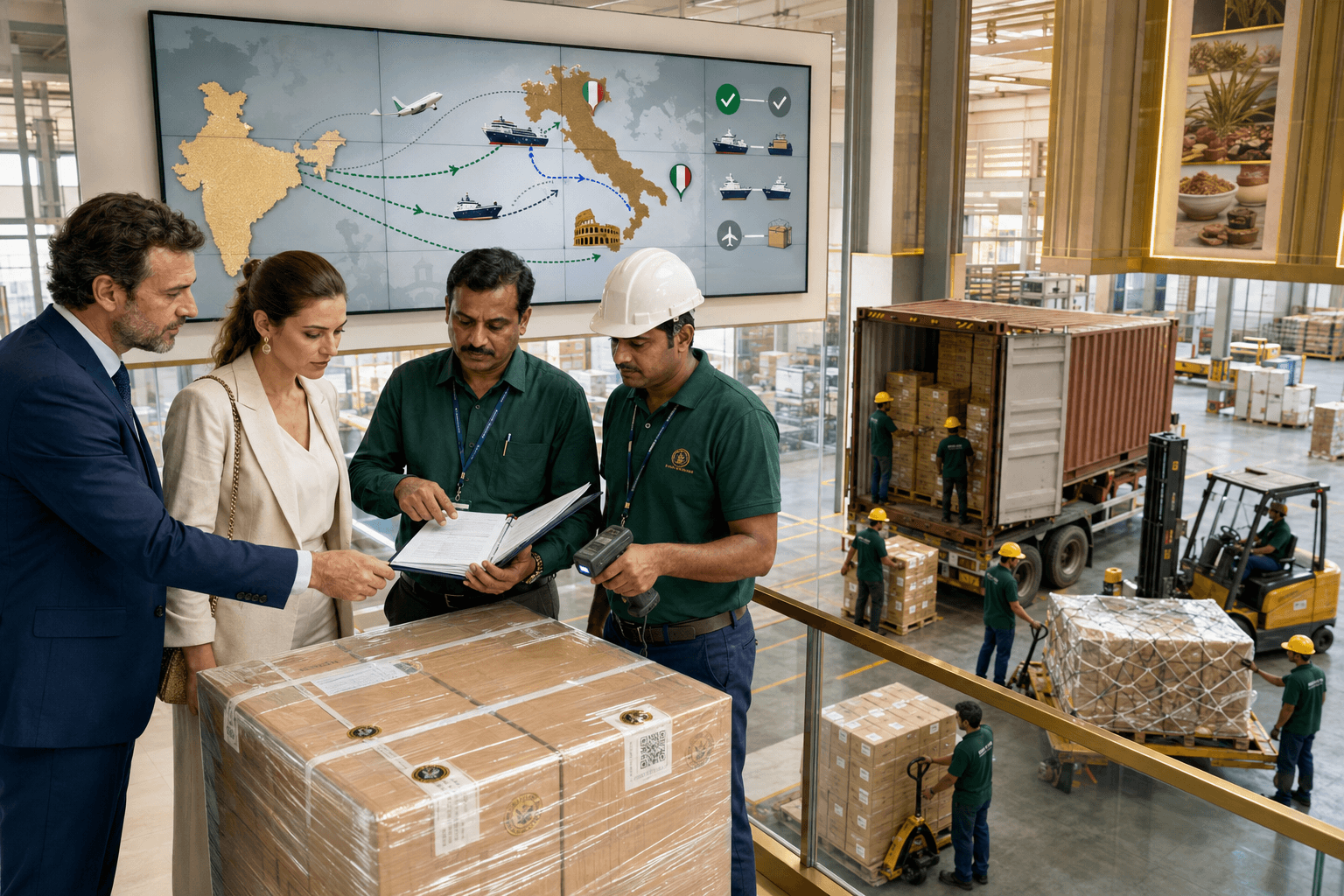 Italian representatives and Indian logistics staff coordinating documents, sea freight, air freight and container dispatch