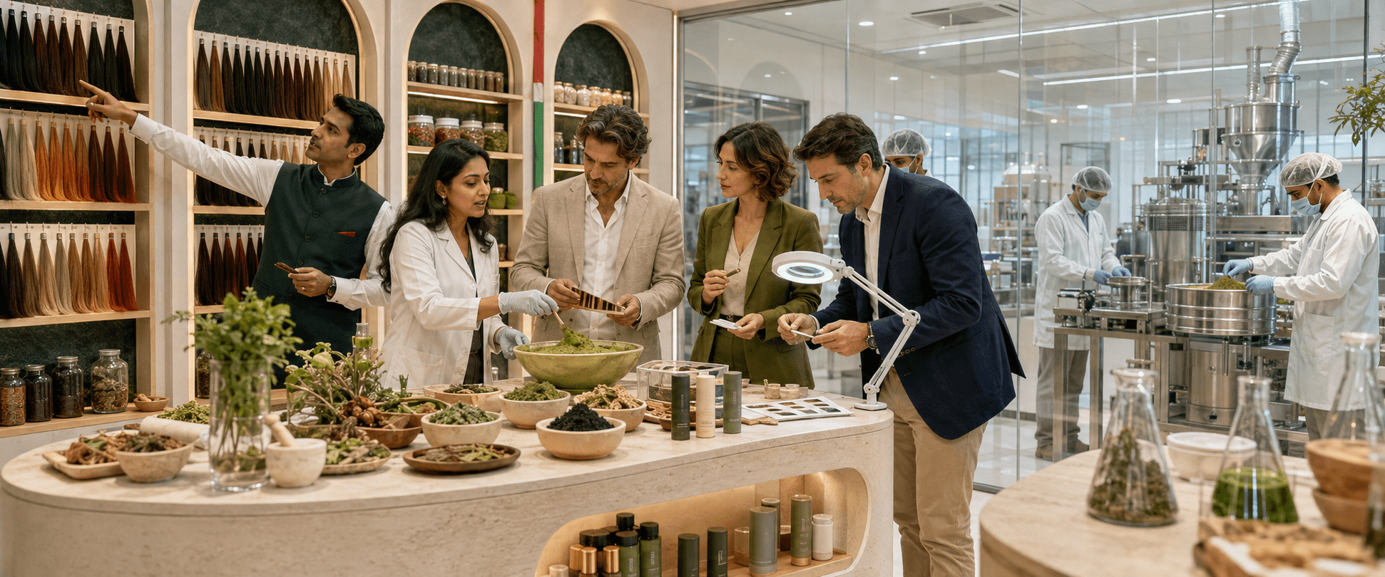 Italian buyers reviewing botanical hair colors, henna and natural product formulations at an Indian production and innovation facility