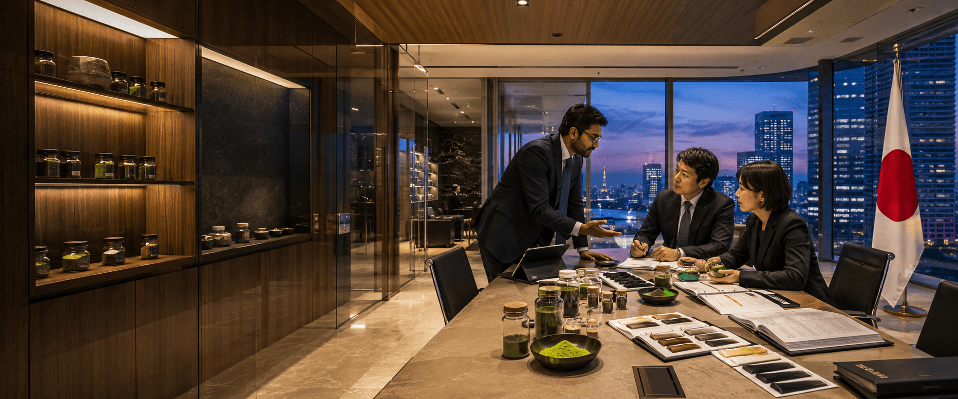 Japanese buyers and Indian exporter reviewing natural botanical products in a Tokyo product development office