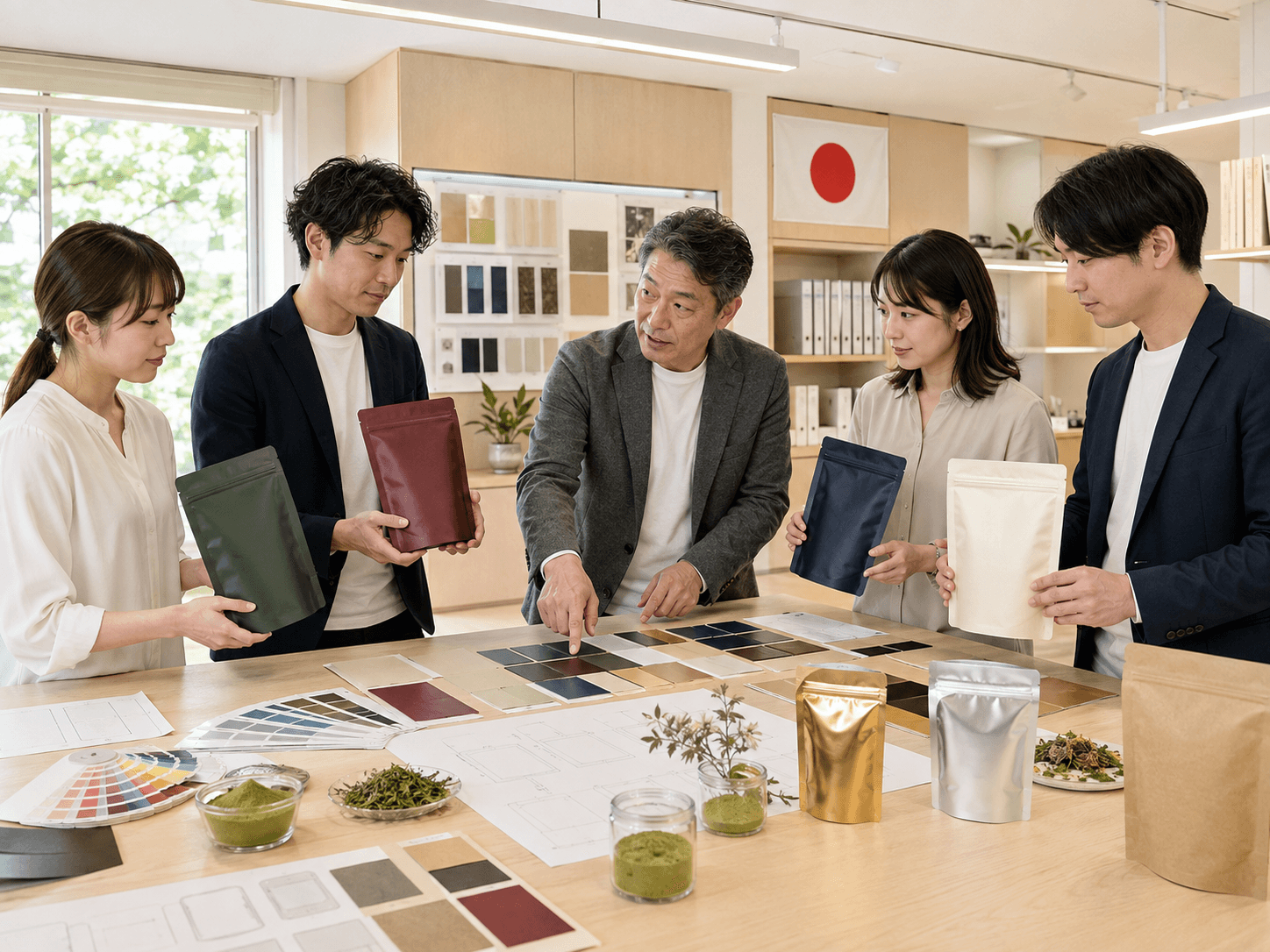 Japanese packaging professionals discussing multiple coloured pouches and private-label packing finishes