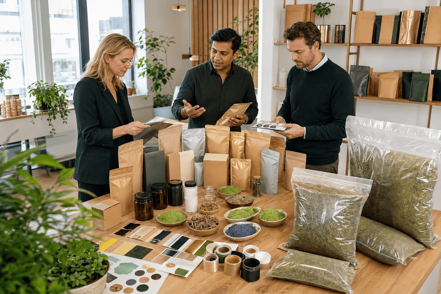 Netherlands private-label team reviewing pouches, cartons, jars, bulk packaging and sustainable material options