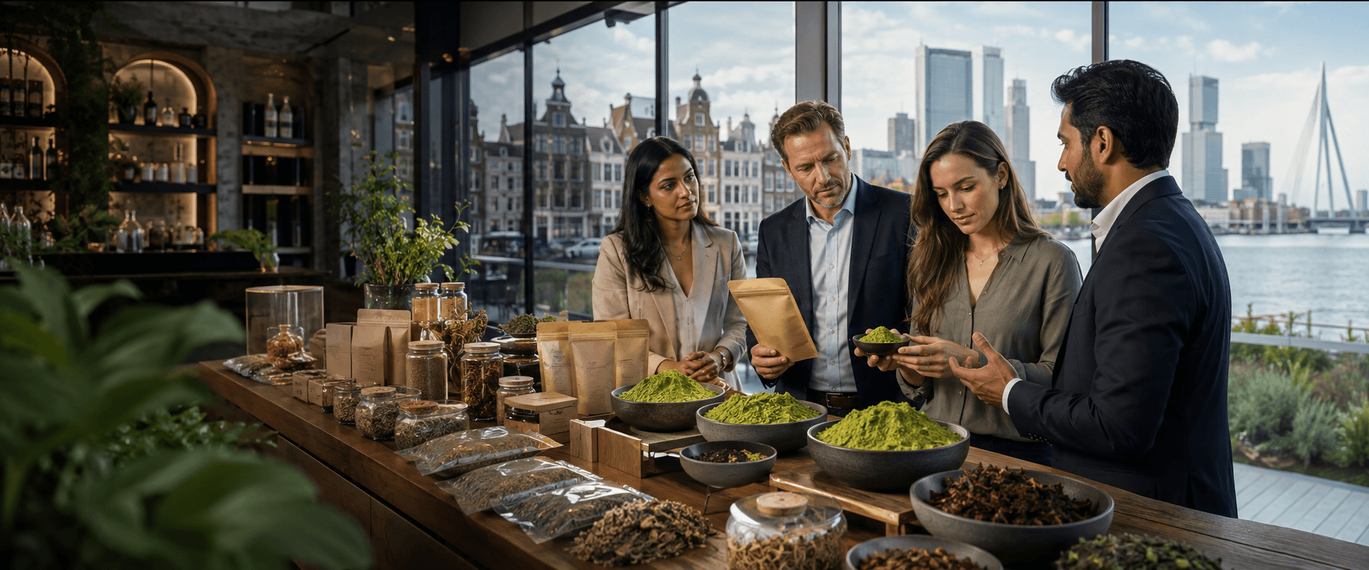 Dutch natural-product buyers and Indian botanical export specialists in a premium Netherlands commerce setting