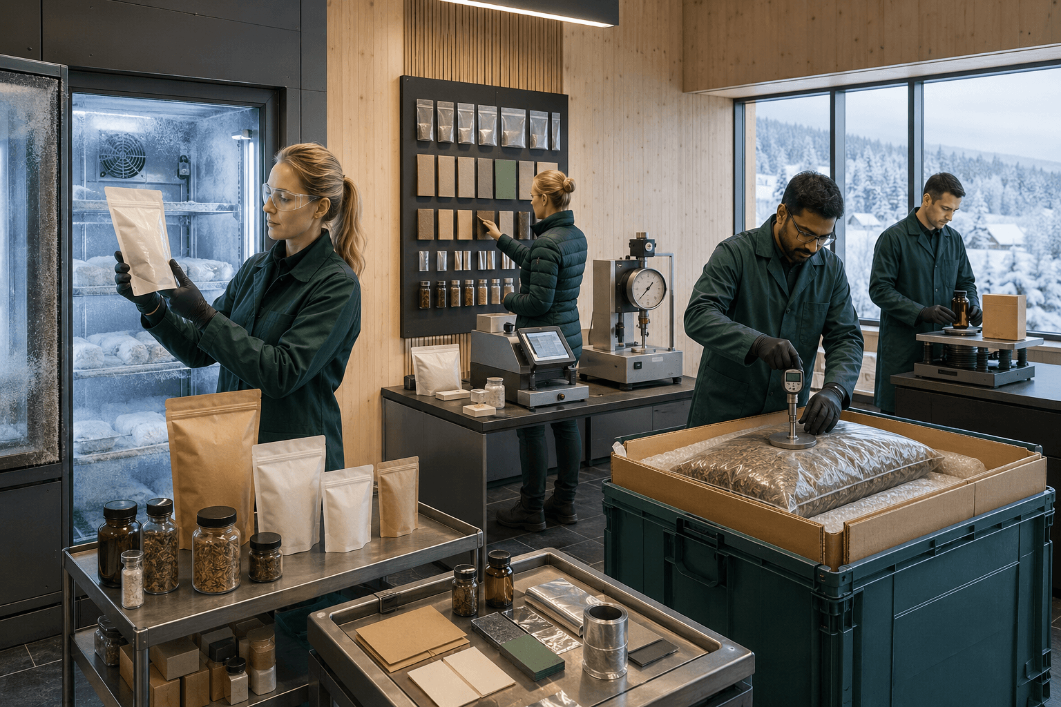 Norwegian packaging team reviewing pouches, cartons, jars and bulk vacuum packaging