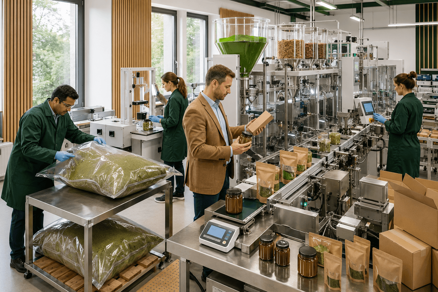 Polish packaging team reviewing pouches, cartons, jars and bulk vacuum packaging