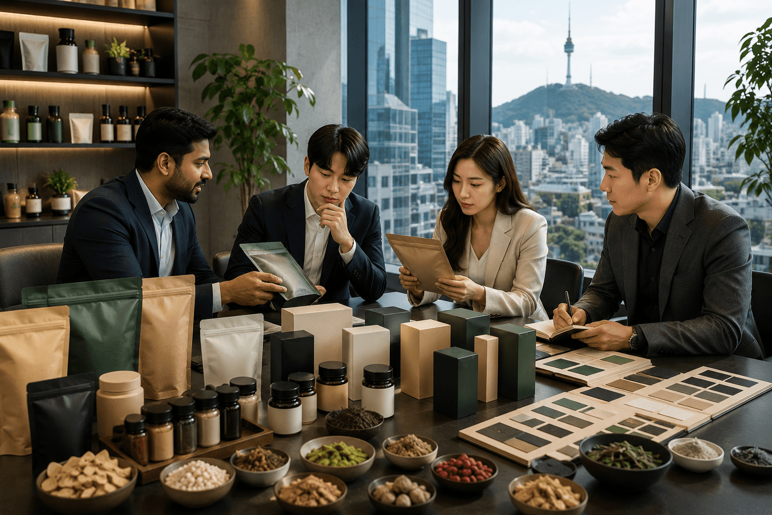 South Korean buyers reviewing private-label packaging for henna, indigo, herbs and spices