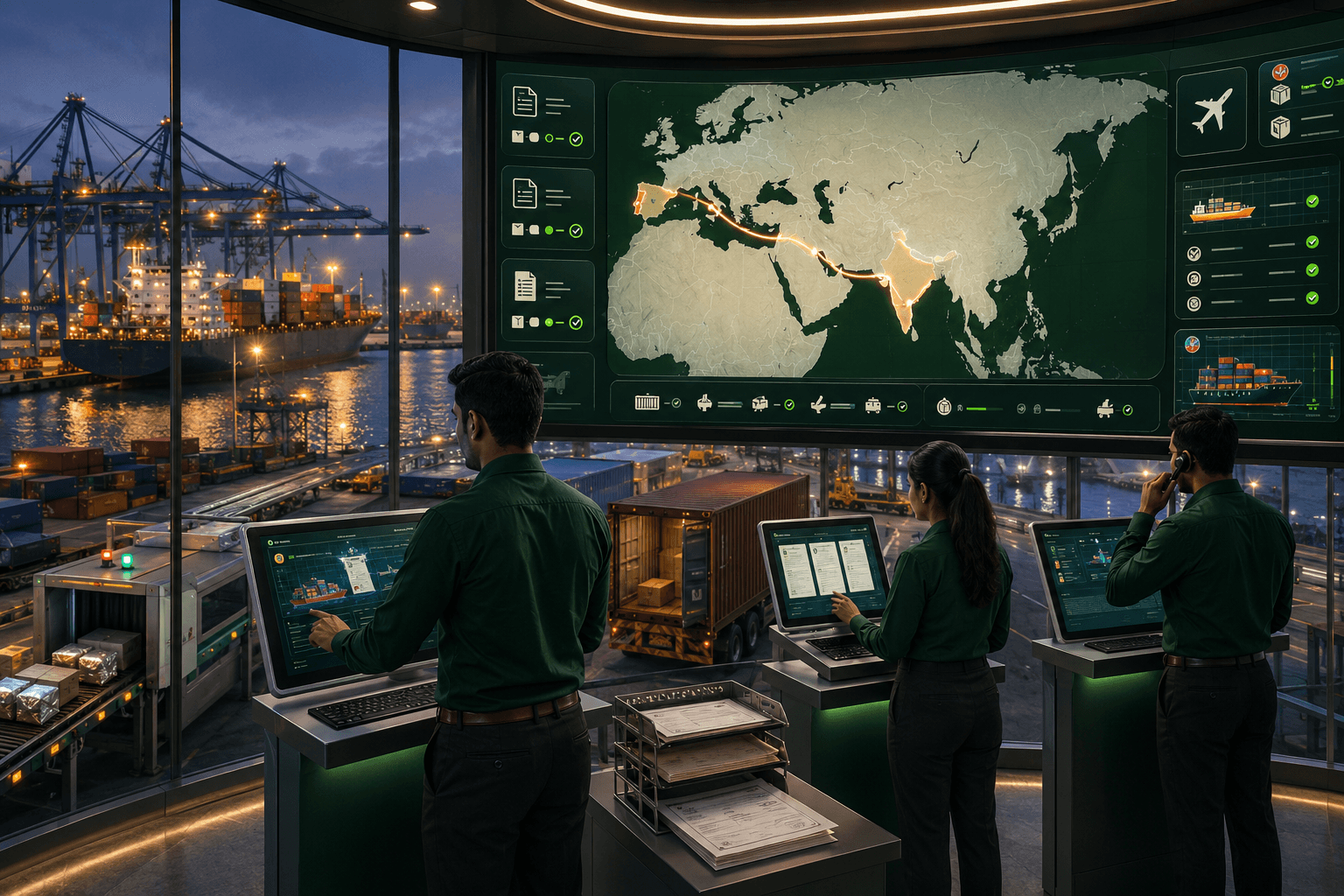 India-to-Spain export logistics command centre coordinating documents, tracking and sea shipments