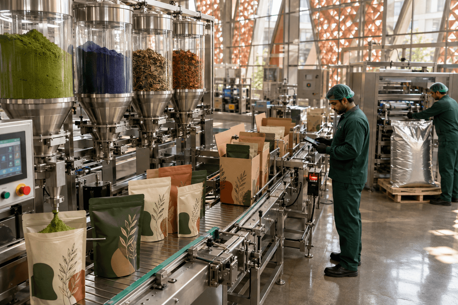 Automated private-label packaging line in India preparing natural products for Spanish buyers