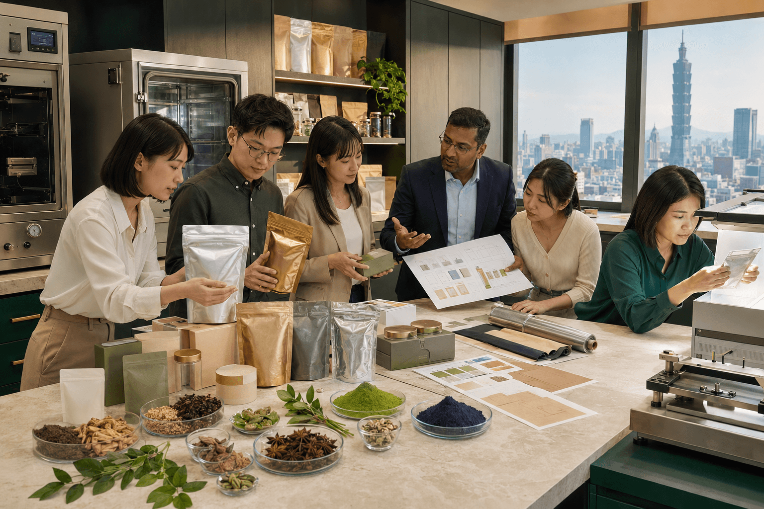 Taiwanese buyers reviewing private-label packaging for henna, indigo, herbs and spices