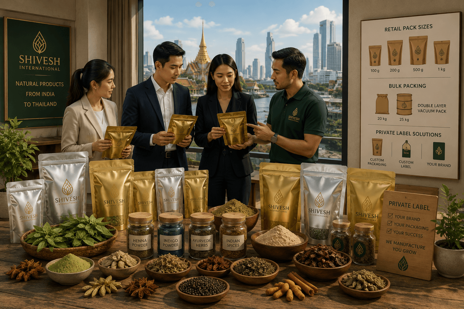 Thai buyers reviewing private-label packaging for henna, indigo, herbs and spices