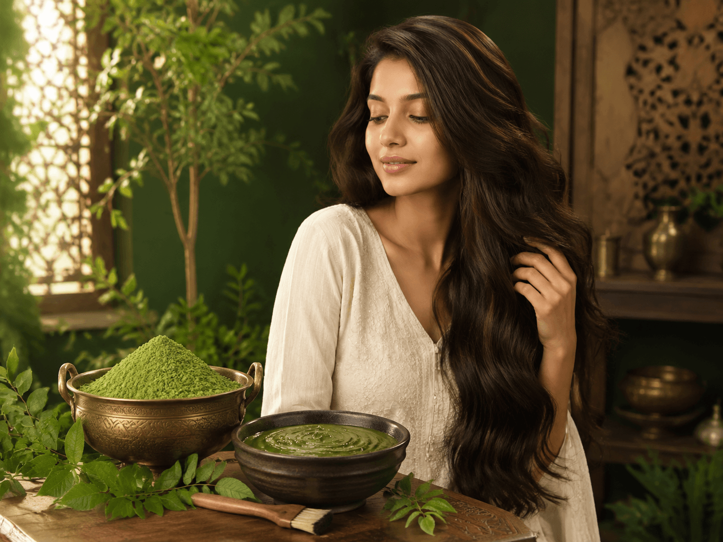 Fresh vibrant green natural henna powder in a bowl