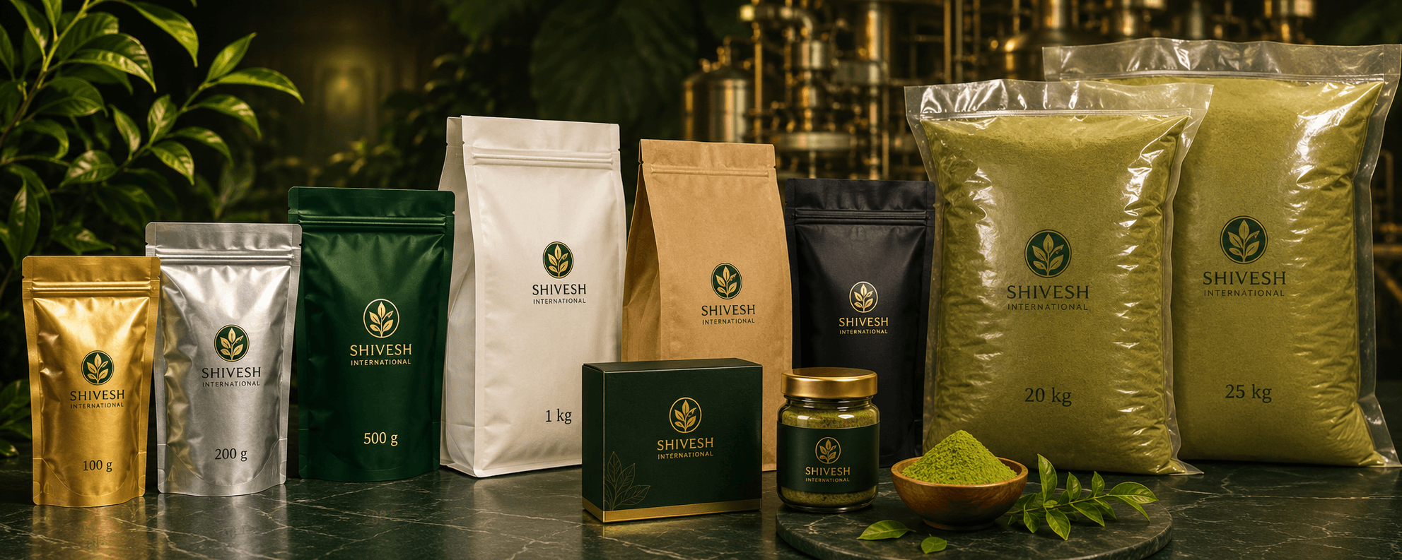 Natural henna powder packaging in pouches, boxes, jars and export cartons