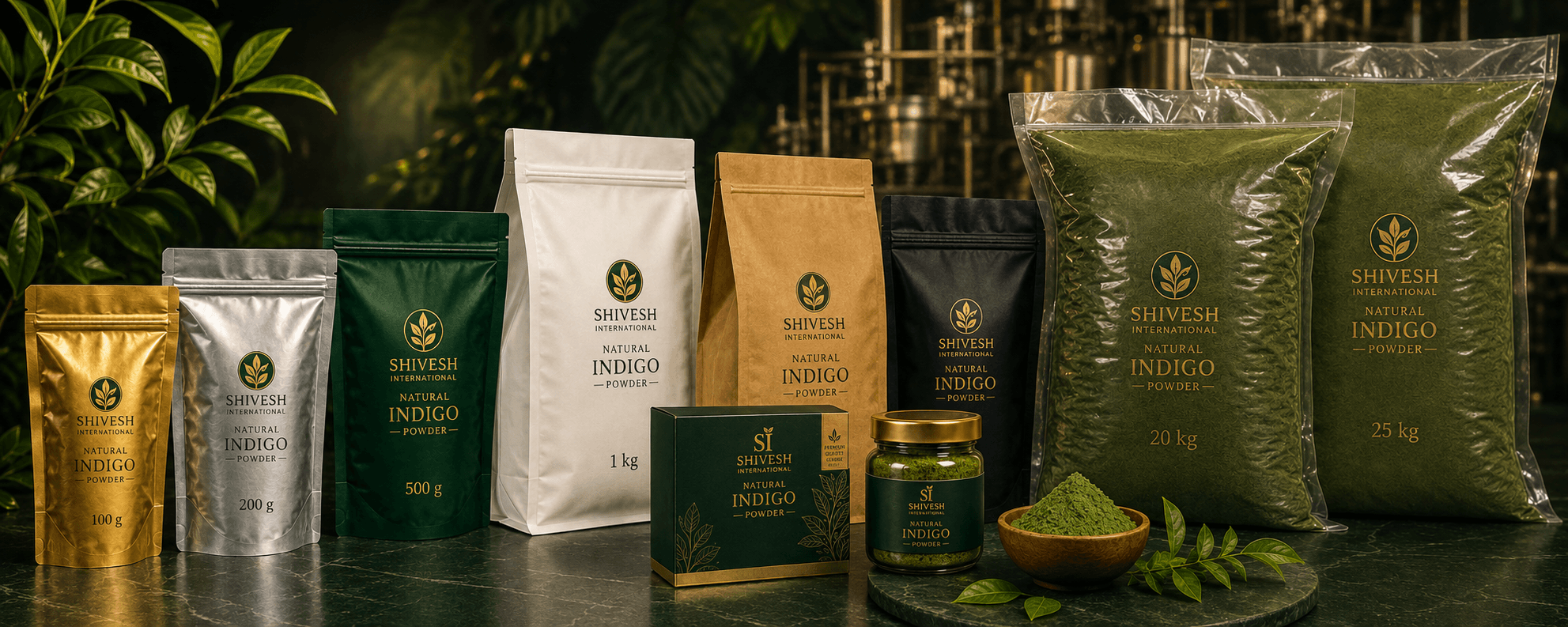 Natural indigo powder packaging in pouches, boxes, jars and export cartons